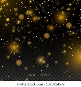 Glittering golden particles on a black background. Gold dust effect in New Year's timatik. Happy Christmas and New Year 2021. Vector illustration
