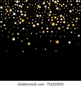 Glittering Golden Stars Confetti. Glamour, Luxury Design Pattern with Sparkles, Glittering Stars on Night Sky Background. Wedding, Invitation, Greeting Card Background Template with Free Space.