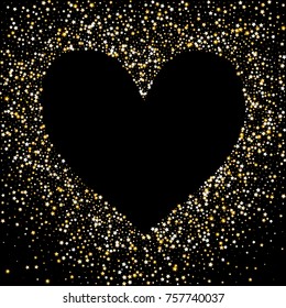 Glittering Golden Stars Confetti Heart. Glamour, Luxury Design Pattern with Sparkles, Glittering Stars on Dark Sky Background. Wedding, Invitation, Greeting Card Background Template with Free Space.