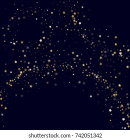 Glittering Golden Stars on Dark Blue Background. Greeting Card, Invitation Template with Shimmering Stars Confetti. Night Sky Vector Background with Free Space.