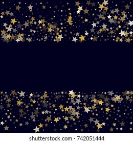 Glittering Golden Stars on Dark Blue Background. Greeting Card, Invitation Template with Shimmering Stars Confetti. Night Sky Vector Background with Free Space.