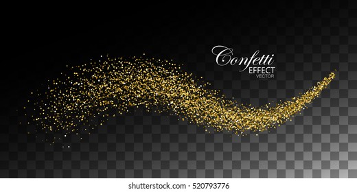 Glittering golden stream of sparkles. Abstract vector illustration of golden glitter stream isolated on checkered transparent background. Light glowing burst effect