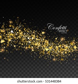 Glittering golden stream of sparkles, glitters and stars. Christmas ornament. Vector illustration. Holiday confetti particles isolated on transparent checkered background. Glamour fashion illustration