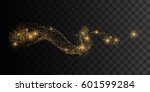 Glittering golden stream of sparkles. Vector illustration of golden wave. Design element with sparkling effect on dark transparent checkered background.