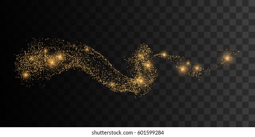 Glittering golden stream of sparkles. Vector illustration of golden wave. Design element with sparkling effect on dark transparent checkered background.