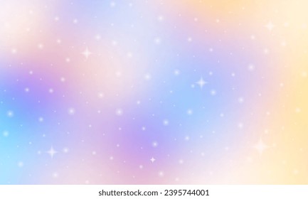 Glitzernder Farbverlauf-Hintergrund mit Hologramm-Effekt und magischen Lichtern. Holografische abstrakte Fantasy-Kulisse mit Märchen, Goldstern und festlichen Blasen