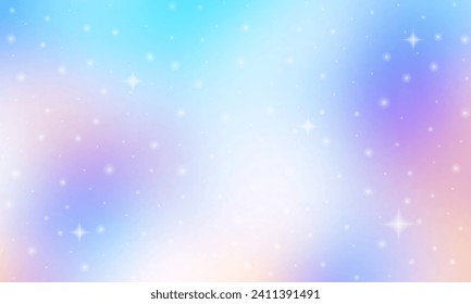 Glittering gradient background with hologram effect and magic lights. Holographic abstract fantasy backdrop with fairy sparkles, gold stars and festive blurs