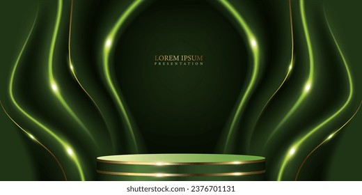 glittering green color curve waves light lines and dark green color creative and modern award and presentation background design template.