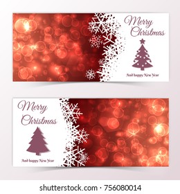 Glittering horizontal christmas banners decorated with light effects snowflakes and fir tree silhouettes isolated vector illustration