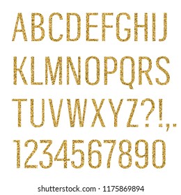 Glittering letters. Narrow sans serif font. Latin uppercase, numbers, punctuations isolated on white background. Vector illustration for labels, headlines, posters