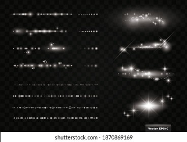 Glittering light, line material. Particles, galaxies, and flashes. decorative border. Vector Illustration Set
