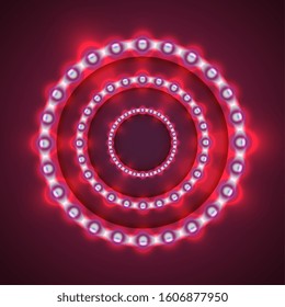 Glittering lights circle. Frame with light bulbs on the background. Graphic concept for your design
