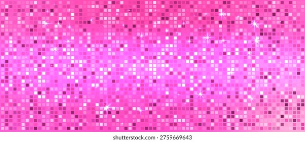 Glittering mosaic tiles with reflective light and glow. Sequin pink disco texture for party posters and fashion backdrops.