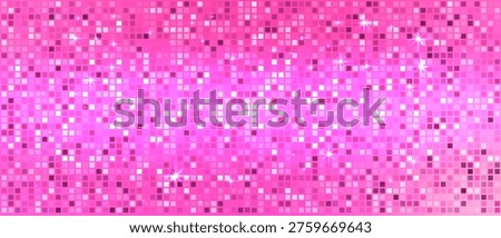 Glittering mosaic tiles with reflective light and glow. Sequin pink disco texture for party posters and fashion backdrops.