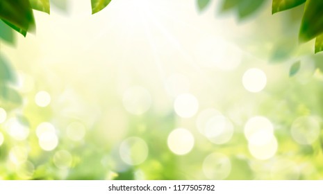 Glittering nature bokeh background with green leaves frame in 3d illustration