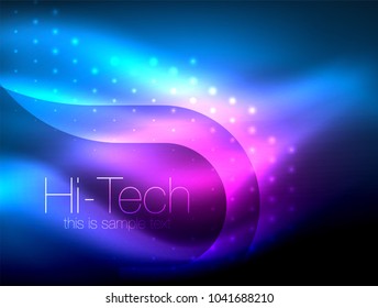 Brillante ola de neón brillante, fondo abstracto de arte moderno tecno, plantilla mágica brillante. Ilustración del vector