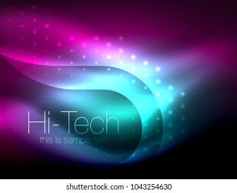 Glittering neon glowin wave, techno modern art abstract background, magical shiny template. Vector illustration