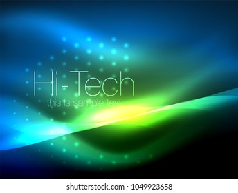 Glittering neon glowin wave, techno modern art abstract background, magical shiny template. Vector illustration