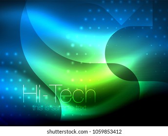 Glitzernde Neon-Glowinwelle, Techno-Moderne Kunst abstrakter Hintergrund, magisch glänzende Vorlage. Vektorgrafik