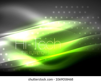Glittering neon glowin wave, techno modern art abstract background, magical shiny template. Vector illustration