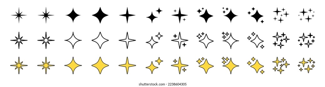 Glittering night sky stars set, yellow, gold glitter vector icon illustration stock