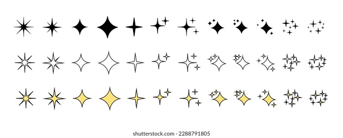 Glittering night sky stars set, yellow, gold glitter vector icon illustration stock
