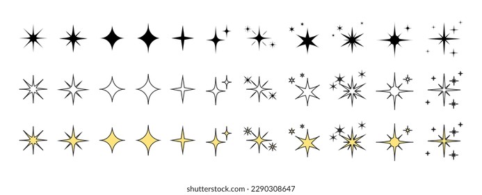 Glittering night sky stars set, yellow, gold glitter vector icon illustration stock
