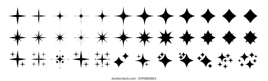 Glittering night sky stars set. Shinig lights and sparks burst or flash stars collection isolated elements.
