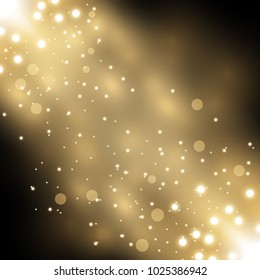 Glittering particles background effect, sparkling texture, stardust sparks on black background, light effect, golden color