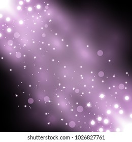 Glittering particles background effect, sparkling texture, stardust sparks on black background, light effect, purple color