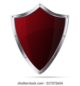 Glittering red metallic shield isolated on white background