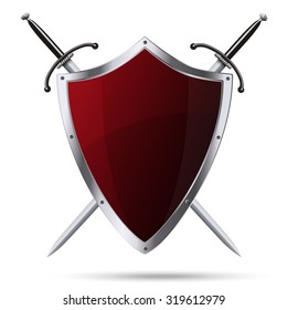 Glittering red metallic shield and two swords isolated