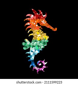 Glittering seahorse icons with rainbow colors glitter sequins on black for Valentine day, kid's design, wedding invitation, branding, logo, label, LGBT symbol. Vector illustration