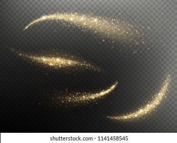 Glittering shimmer particles light trace for Christmas or New Year holiday. Golden glitter confetti wave overlay effect. EPS 10