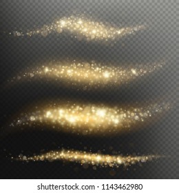 Glittering shimmer particles light trace for Christmas or New Year holiday. Golden glitter confetti wave overlay effect. EPS 10