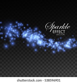 Glittering shiny stream of sparkles and stars. Abstract vector holiday illustration of sparkling star stream isolated on checkered transparent background. Light glowing burst effect for design