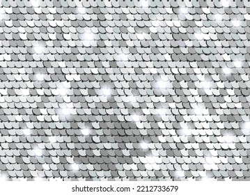 Glittering silver sequined fabric texture. Sequined shining scales. Glamor metallic Background vector svg