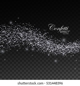 Glittering silver stream of paillettes, sparks and glitters. Abstract vector illustration of golden glitter stream. Holiday confetti particles. Light glowing burst effect. Glamour fashion illustration
