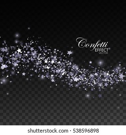 Glittering silver stream of sparkles, glitters and stars. Christmas ornament. Vector illustration. Holiday confetti particles isolated on transparent checkered background. Glamour fashion illustration