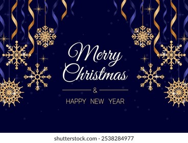 Glittering snowflakes adorn a joyful banner that expresses Merry Christmas and Happy New Year. A festive design includes lifelike holiday elements and shimmering gold confetti, presented horizontal