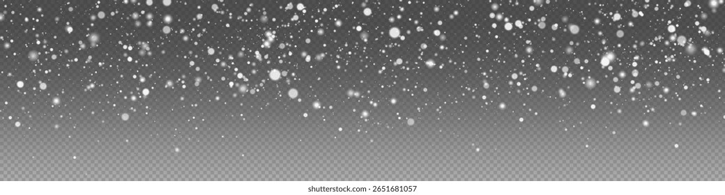 Glitzerne Schneeflocken auf transparentem Hintergrund. Winterschneeauflage, frostige Partikel, Ferien-Vektorgrafik