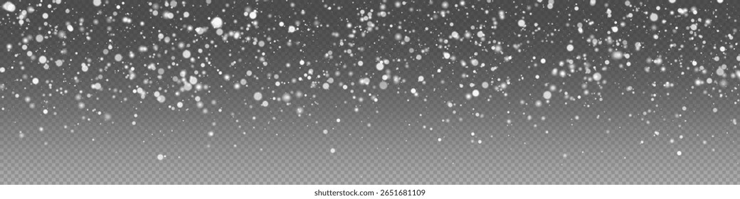 Glittering Snowflakes on Transparent Background. Winter Snow Overlay, Frosty Particles, Holiday Vector Illustration