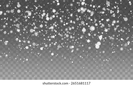Glitzerne Schneeflocken auf transparentem Hintergrund. Winterschneeauflage, frostige Partikel, Ferien-Vektorgrafik