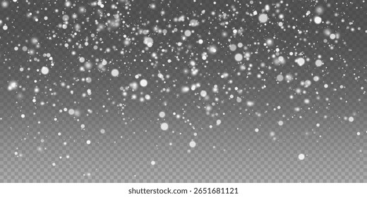 Copos de nieve brillantes sobre fondo transparente. Superposición de nieve de invierno, partículas heladas, Ilustración vectorial de Festiva