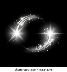 Glittering star dust, circle of lights, stars on black background, graphic concept for your design, light rffect, white color