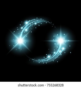 Glittering star dust, circle of lights, stars on black background, graphic concept for your design, light rffect, aqua color