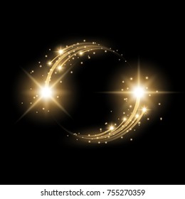 Glittering star dust, circle of lights, stars on black background, graphic concept for your design, light rffect, golden color