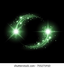 Glittering star dust, circle of lights, stars on black background, graphic concept for your design, light rffect, green color
