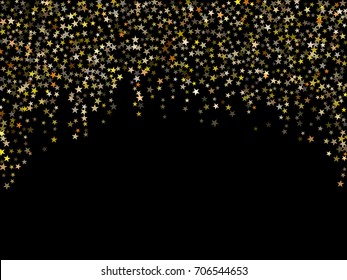 Glittering star garlands hanging background vector illustration. Golden dust elements falling down on black, flying sparkles confetti vertical lines. Premium tinsels graphic design in autumn colors.