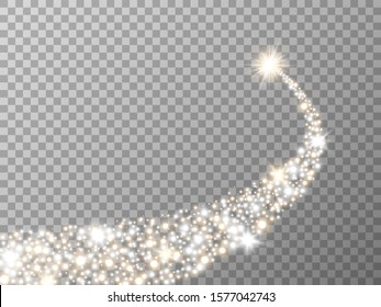 Glittering star on transparent backdrop. Gold and silver particles. Sparkling comet with stardust. Bright tail concept. Luxury design for advertising, poster, banner. Vector illustration.